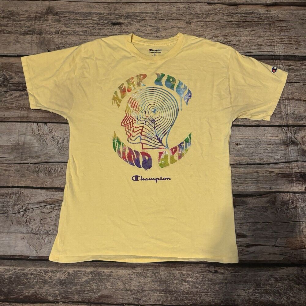 Champion - Keep Your Mind Open - Short Sleeve T-Shirt Men's‎ Size Medium Yellow
